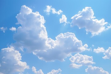 Bright, fluffy white clouds scattered across a vibrant blue sky on a sunny day.