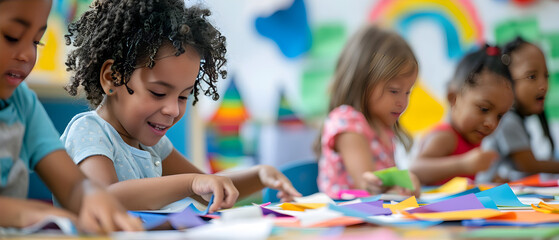 Children creating flags in a community craft session, showcasing creativity and teamwork in action.
