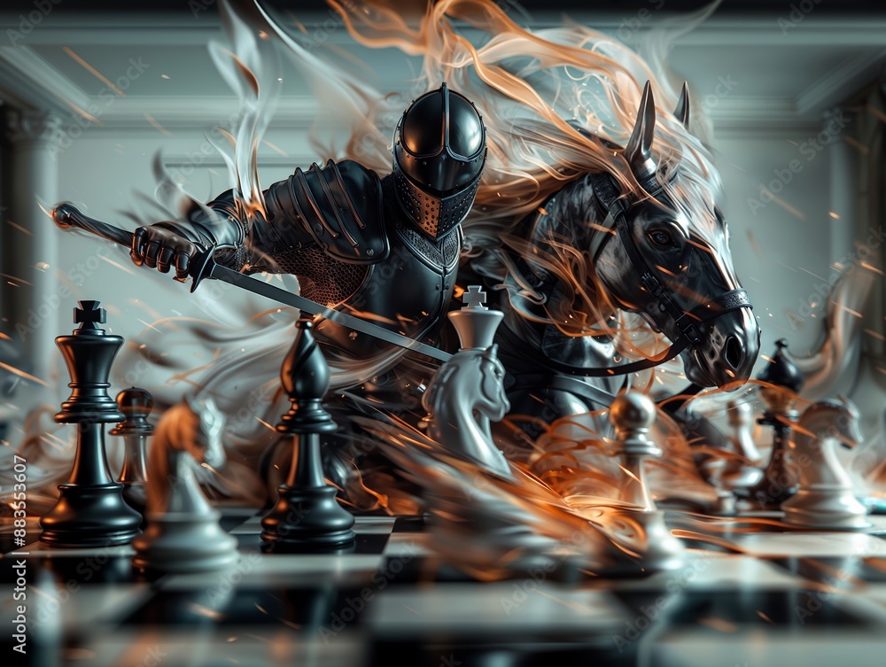 Wall mural Knight In Armor Riding Fiery Horse Playing Chess In Fantasy Setting