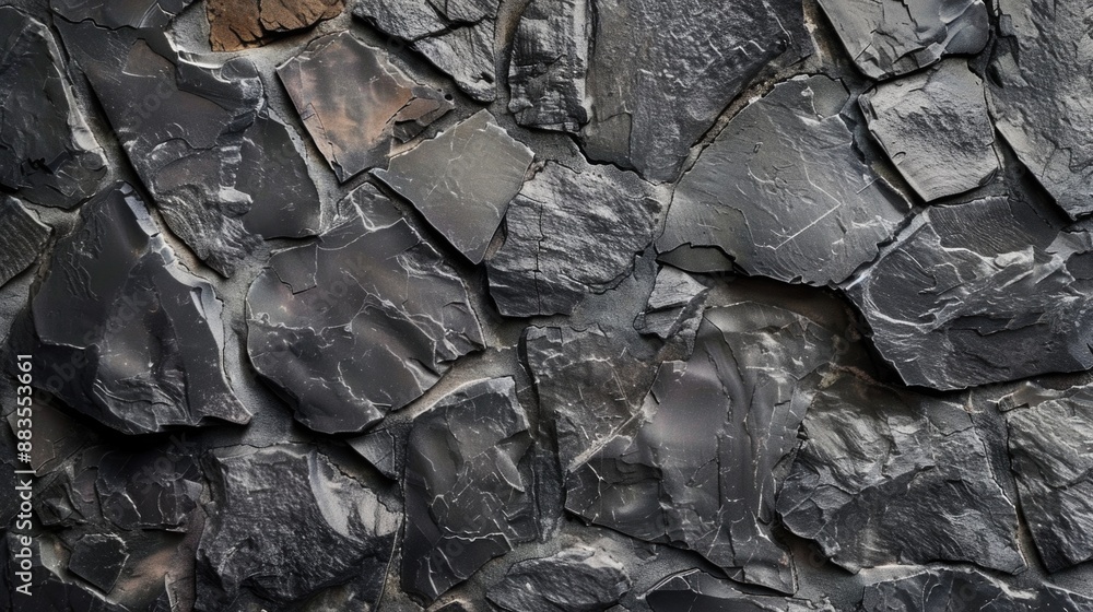 Poster a close-up shot of a textured black stone wall with intricate patterns