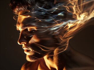 Profile View of a Young Man with Fiery and Smoky Light Effects