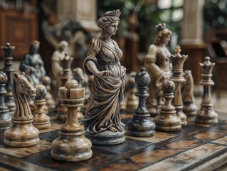 Close-Up of Elegant Chess Pieces on Ornate Wooden Chessboard