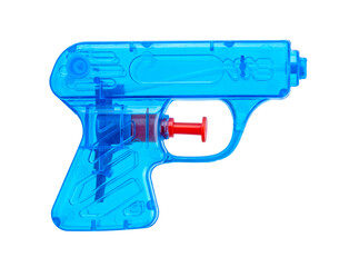 classic blue water pistol toy with red trigger isolated on white background