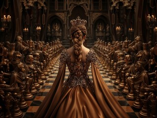 Obraz premium Elegant Queen in Royal Gown at Chessboard Ceremony in Grand Hall