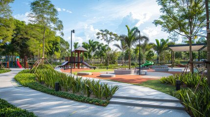 Miniature City Park: The scene showcases a meticulously designed miniature city park, featuring a mix of natural and man-made elements that create a welcoming and vibrant atmosphere.

