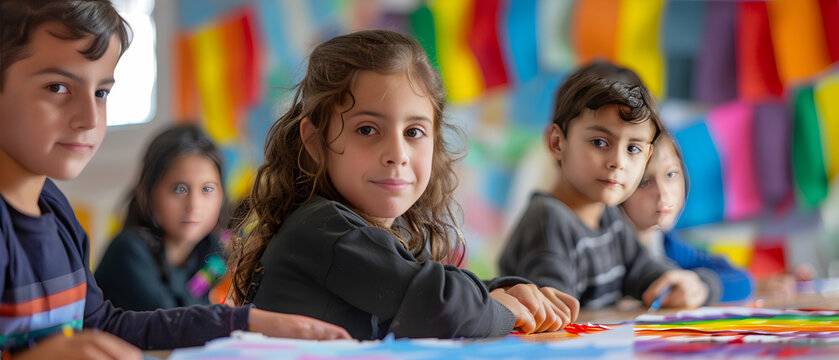 Children happily sewing colorful flags at a workshop, surrounded by fabric and crafting materials. - Powered by Adobe