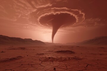 Stunning red tornado under a dramatic cloudy sky over a dry, cracked desert landscape, showcasing intense natural forces at play.