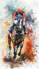 Naklejka premium Watercolor art of a racehorse with jockey wearing colorful attire. Concept of horse racing, equestrian sport, speed, competition. Vertical