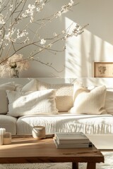Cozy living room with a white couch and a coffee table