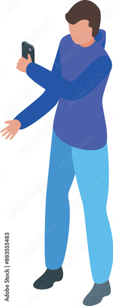 Poster blogger taking photo on smartphone in isometric view
