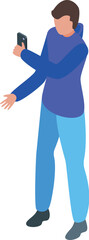 Fototapeta premium Blogger taking photo on smartphone in isometric view