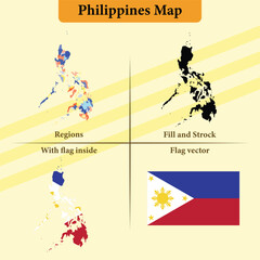 Philippines map vector states and lines and full with vector flag