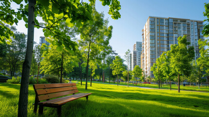 Fototapeta premium Overall Feel,The wooden decorative bench stands as a symbol of comfort and beauty, perfectly harmonizing with its natural surroundings in the city park, inviting everyone to pause and enjoy the moment