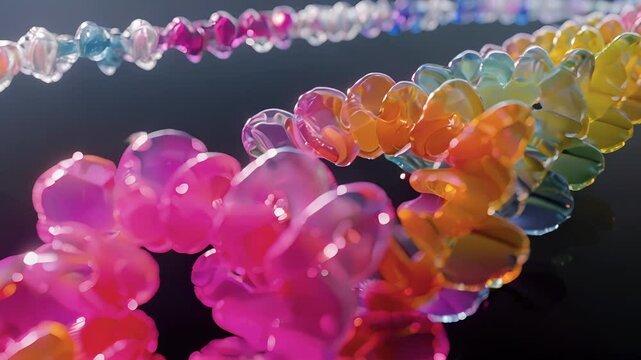 A series of ries in a row depicting the simultaneous translation of multiple mRNA strands into different proteins.
