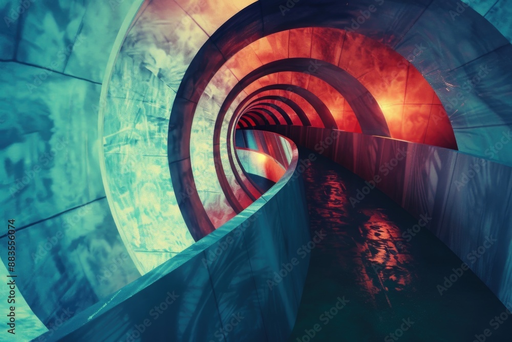 Poster a tunnel with a red light marking the end of the passage, suitable for use in illustrations and desi