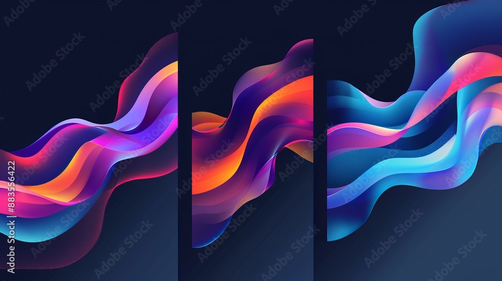 Poster set of vector backgrounds featuring abstract fluid curves with gradient blended lines and colorful s