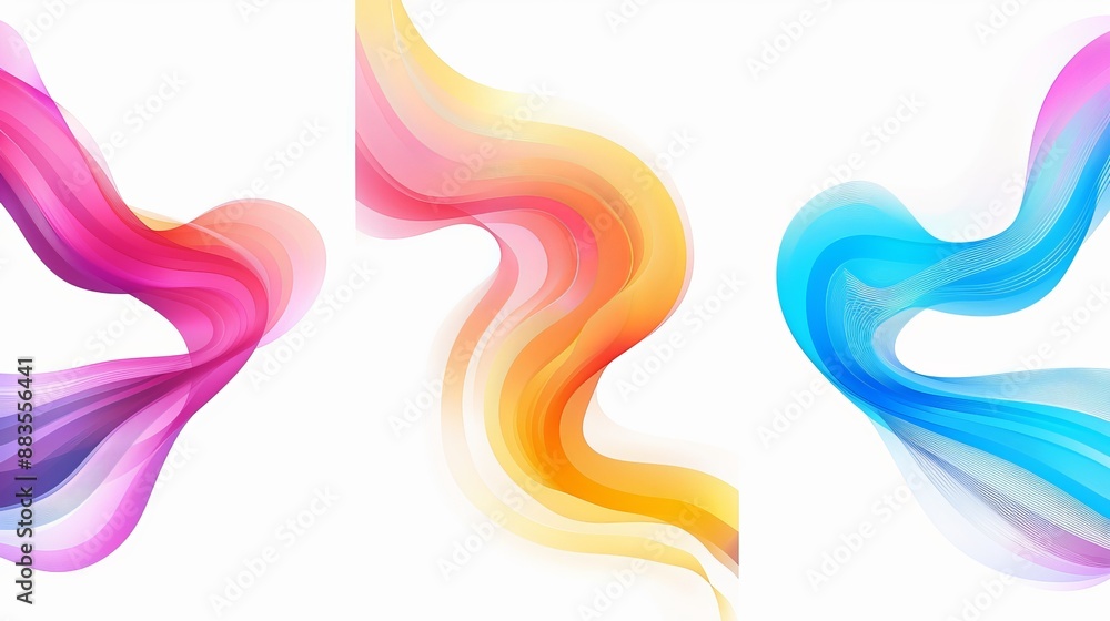 Poster set of vector backgrounds featuring abstract fluid curves with gradient blended lines and colorful s