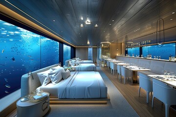 Futuristic underwater hotel room with large glass windows and a view of the ocean floor