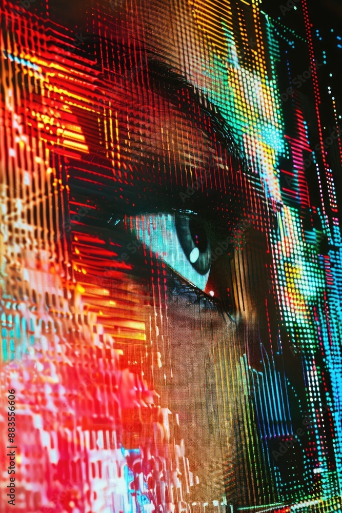 Poster a person's face with a colorful and vibrant background, great for use in illustrations, designs, or 