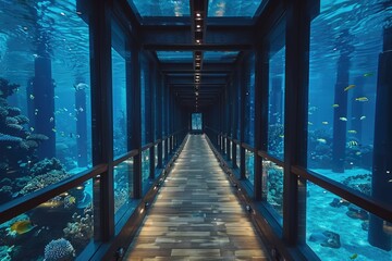 Wooden walkway through a mesmerizing underwater tunnel with diverse marine life