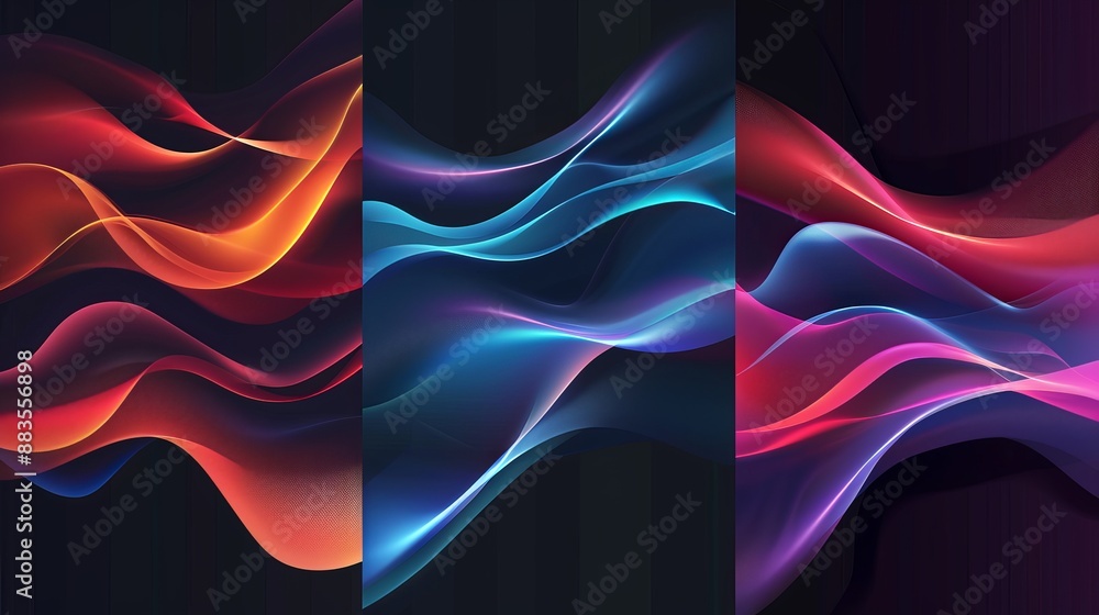 Poster set of vector backgrounds featuring abstract fluid curves with gradient blended lines and colorful s