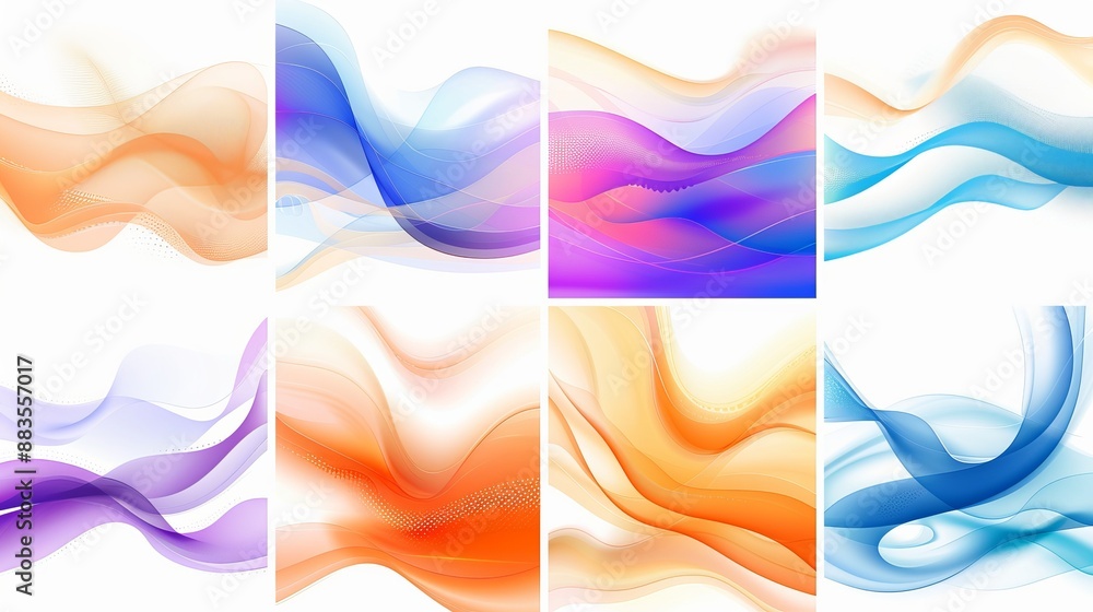 Poster set of vector backgrounds featuring abstract fluid curves with gradient blended lines and colorful s