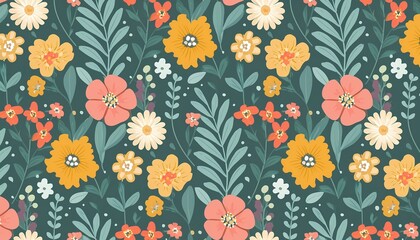  Floral seamless pattern made of meadow plants and flowers. Summer nature ornament. Modern flat design. Fashion style for textile and fabric. Generative ai image