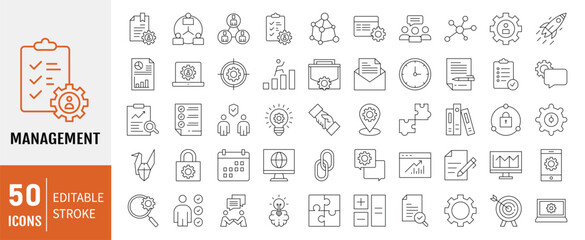 anagement editable stroke outline icons set. Management, mission, growth, achievement, teamwork, strategy and communication. Vector illustration