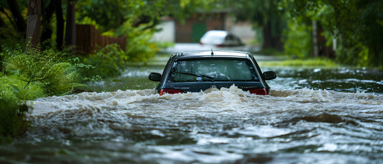 A car is flooded and partially submerged on a road during a flash flood storm.