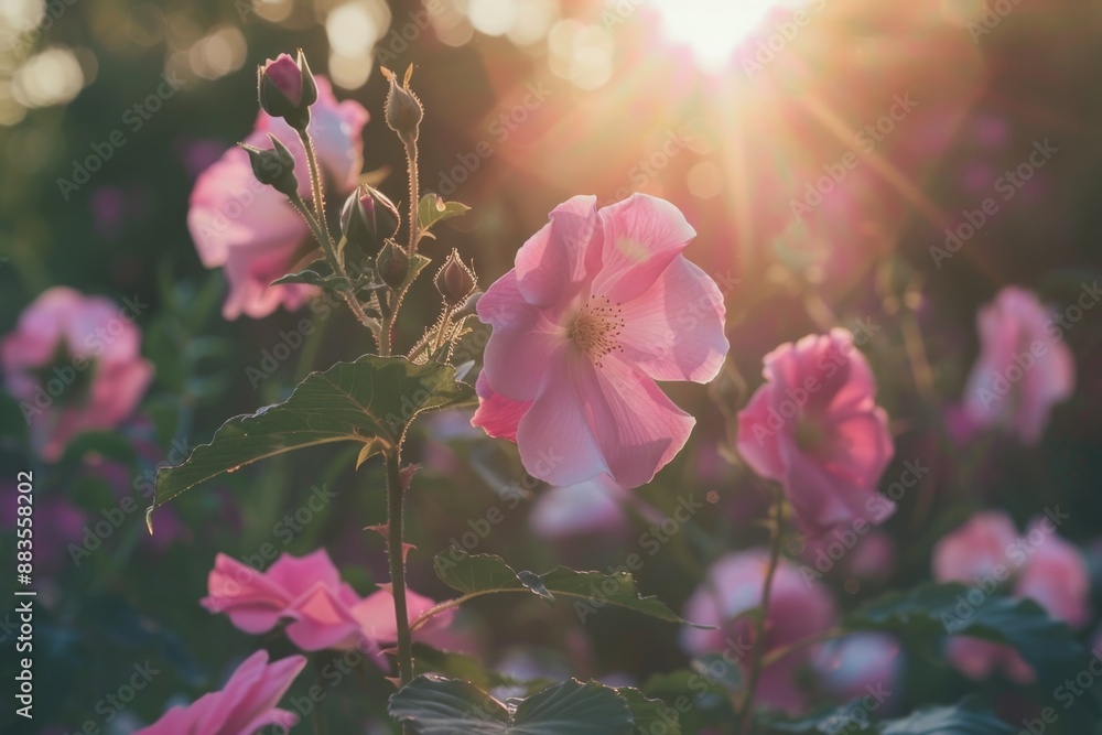 Poster a close-up photo of a flower with the warm sunlight shining in the background, perfect for use as a 