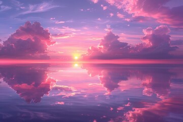 Pink clouds and sun reflect on water in beautiful sunset sky