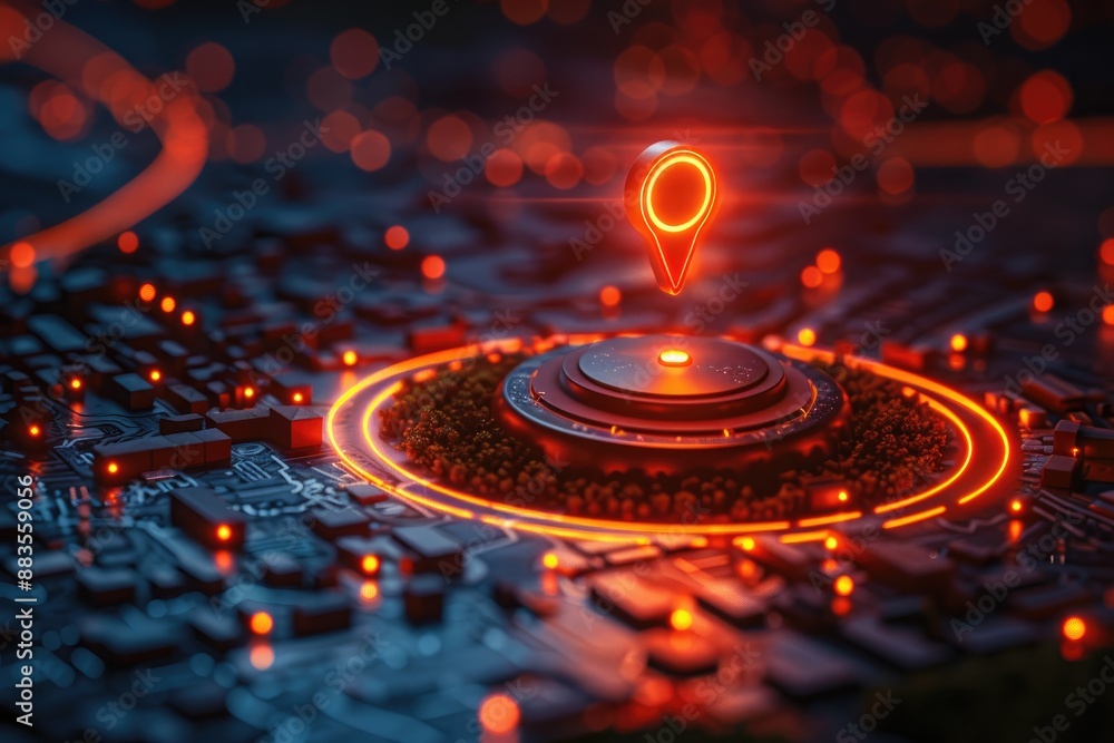 Poster glowing red map pointer on futuristic circuit board with green forest