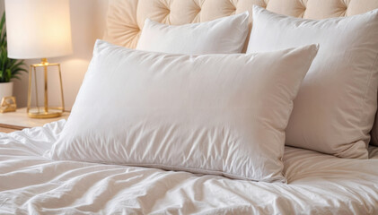 Obraz premium white pillow on the bed in low light room.