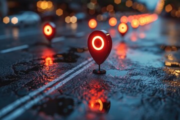 Glowing red map pointers on a wet city street at night