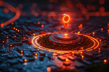 Glowing red map pointer on futuristic circuit board with green forest