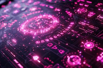 Futuristic glowing pink digital interface with circular hud elements