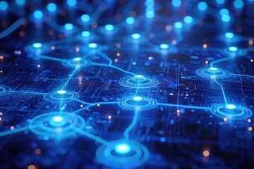 Glowing blue circuit board with glowing nodes and connections