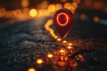 Glowing red navigation marker on a dark wet road at night