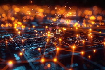 Obraz premium Glowing orange and blue circuit board with social media and technology icons