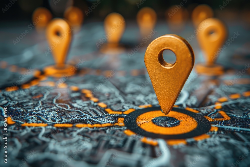 Poster golden map pointers on a detailed city map background