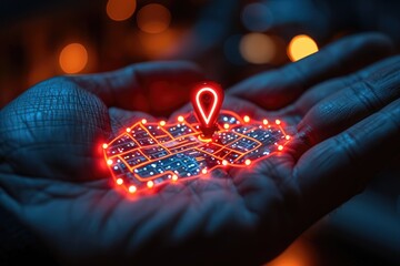 Glowing red map location pinpoint in the palm of a hand