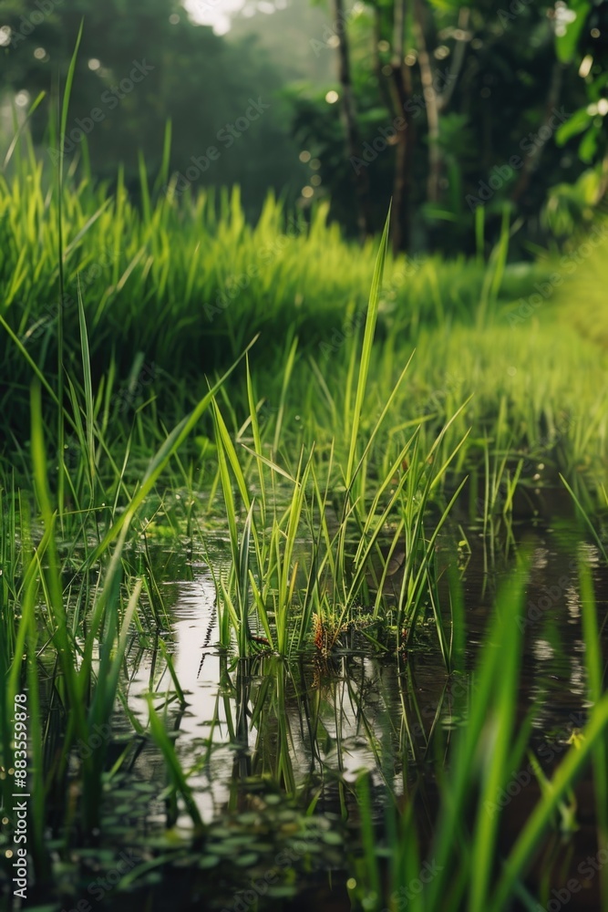 Poster a small stream running through a lush green forest with dense foliage and natural surroundings