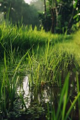 A small stream running through a lush green forest with dense foliage and natural surroundings