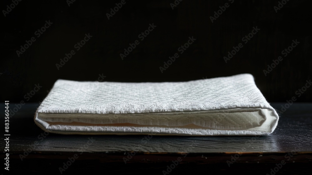 Poster a folded white towel sitting on top of a wooden table, great for use in still life photography or as