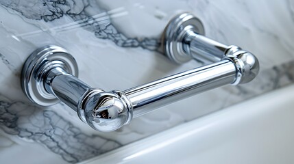 Close-up Image of a Curved Chrome Grab Bar for Bathroom Safety. Concept Bathroom Safety, Chrome Grab Bar, Close-up Photography