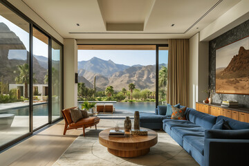 Mid-Century modern living room with blue velvet sectional, large windows overlooking pool and desert landscape, copy space