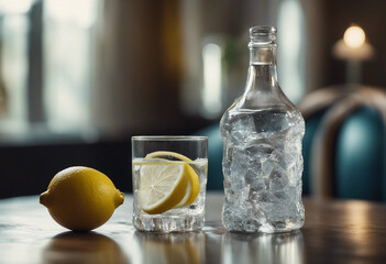 Mineral water in a crystal bottle with a glass and lemon slices in a sophisticated dining room
