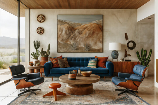 Mid-Century Modern living room with blue velvet sofa and desert painting, copy space