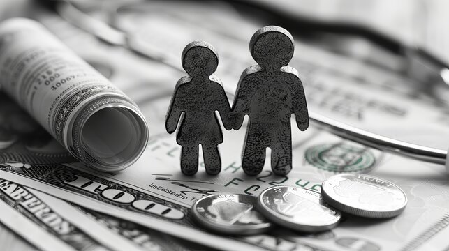 An illustrative representation of health insurance featuring two metal figures symbolizing a family unit on a backdrop of US currency, with coins and a rolled document nearby