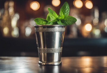 Mint julep in a silver julep cup with fresh mint in a high-end Southern bar
